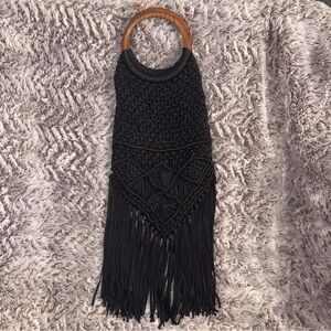 Anthropologie Ana Marame Mini Clutch Black Bohemian Handbag Wood Handles Fringe